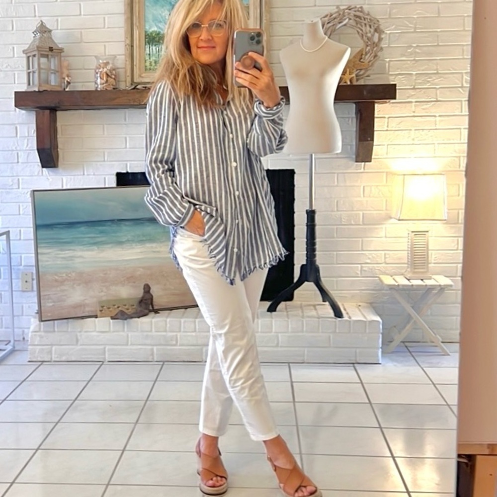 Anthro’s BeachLunchLounge,Striped-linen Frayed-Hem,Button-down Shirt,EUC,size XL